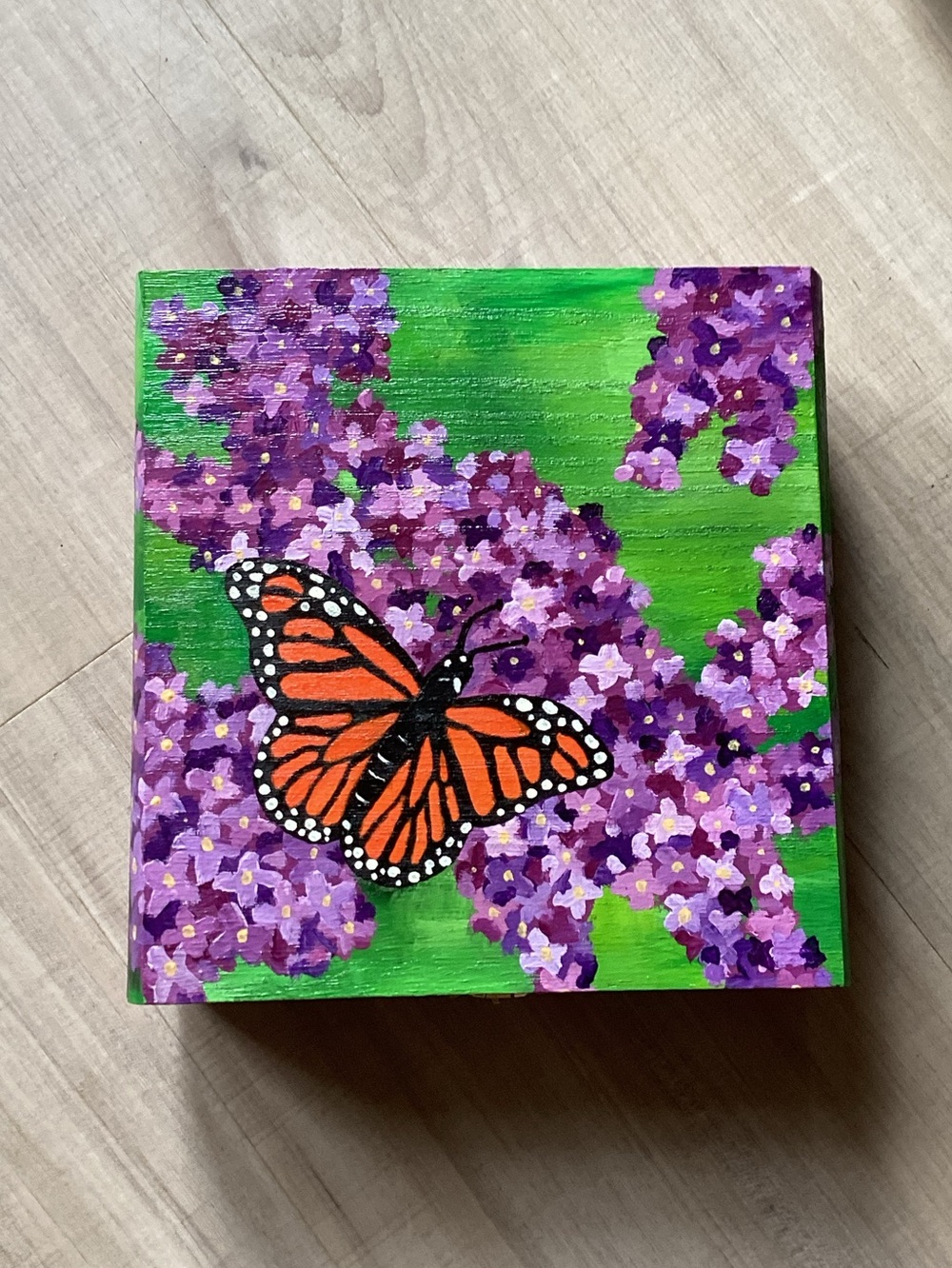 New Handmade Painted Wood Box Lilacs Monarch Butterfly